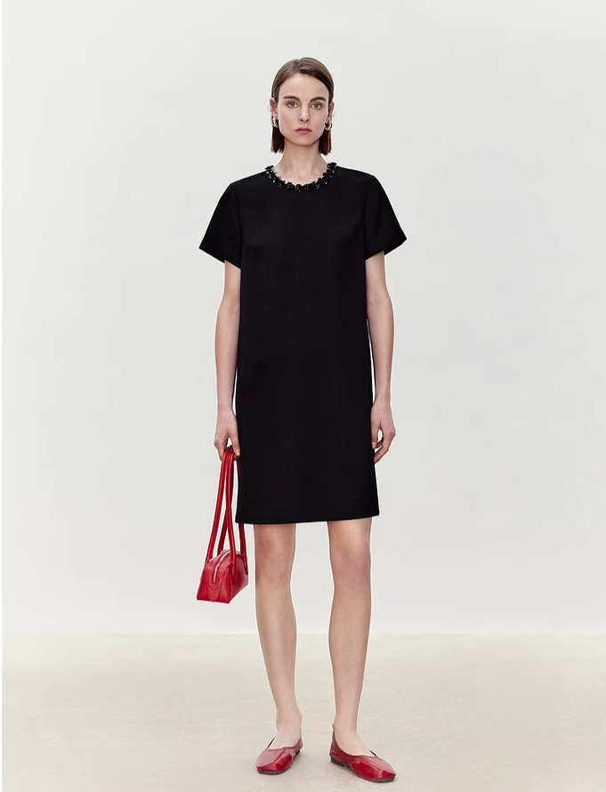 Acetate Round Neck Beaded Short Dress