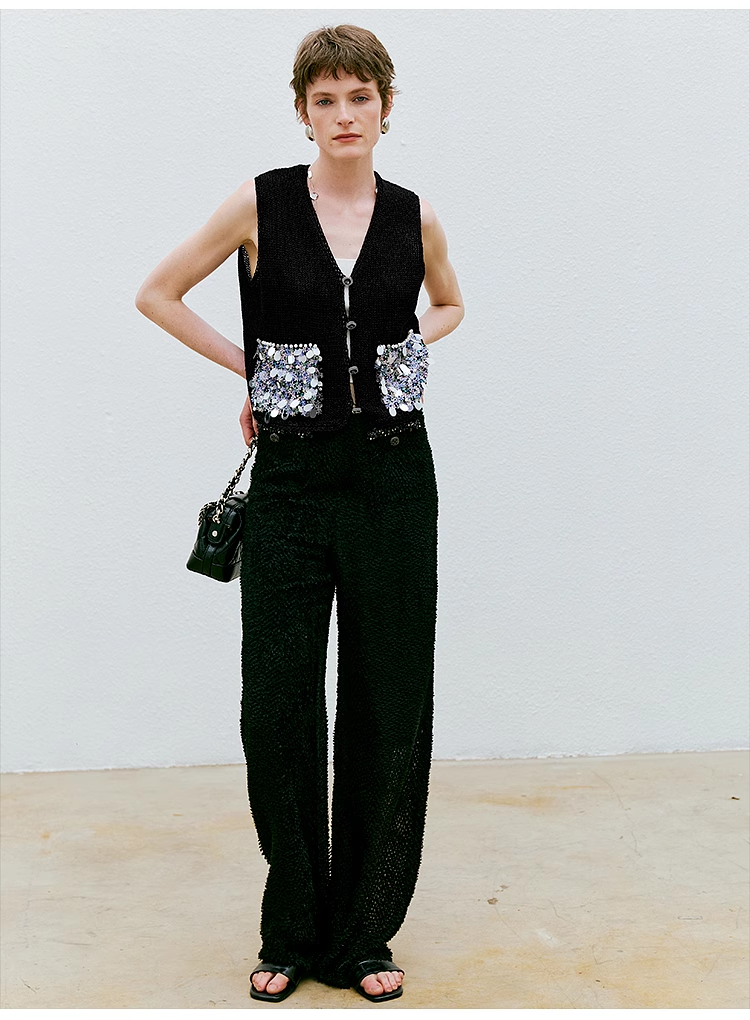 V-Neck Sequin Square-Patterned Vest