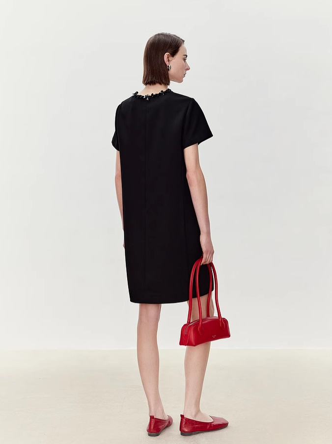 Acetate Round Neck Beaded Short Dress
