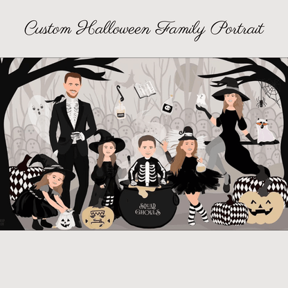 Custom Family Halloween Portrait with Pets - Spooktacular Halloween Family Art | Haunted Home Decor Essentials