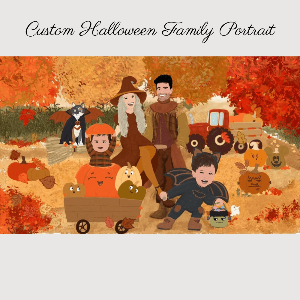 Custom Family Halloween Portrait with Pets - Spooktacular Halloween Family Art | Haunted Home Decor Essentials