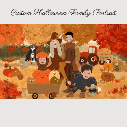 Custom Family Halloween Portrait with Pets - Spooktacular Halloween Family Art | Haunted Home Decor Essentials