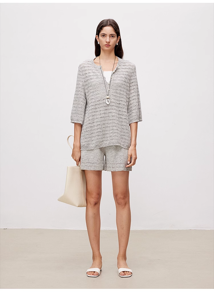 Gray Geometric Openwork Knit Vest, Shorts & Tee Set
