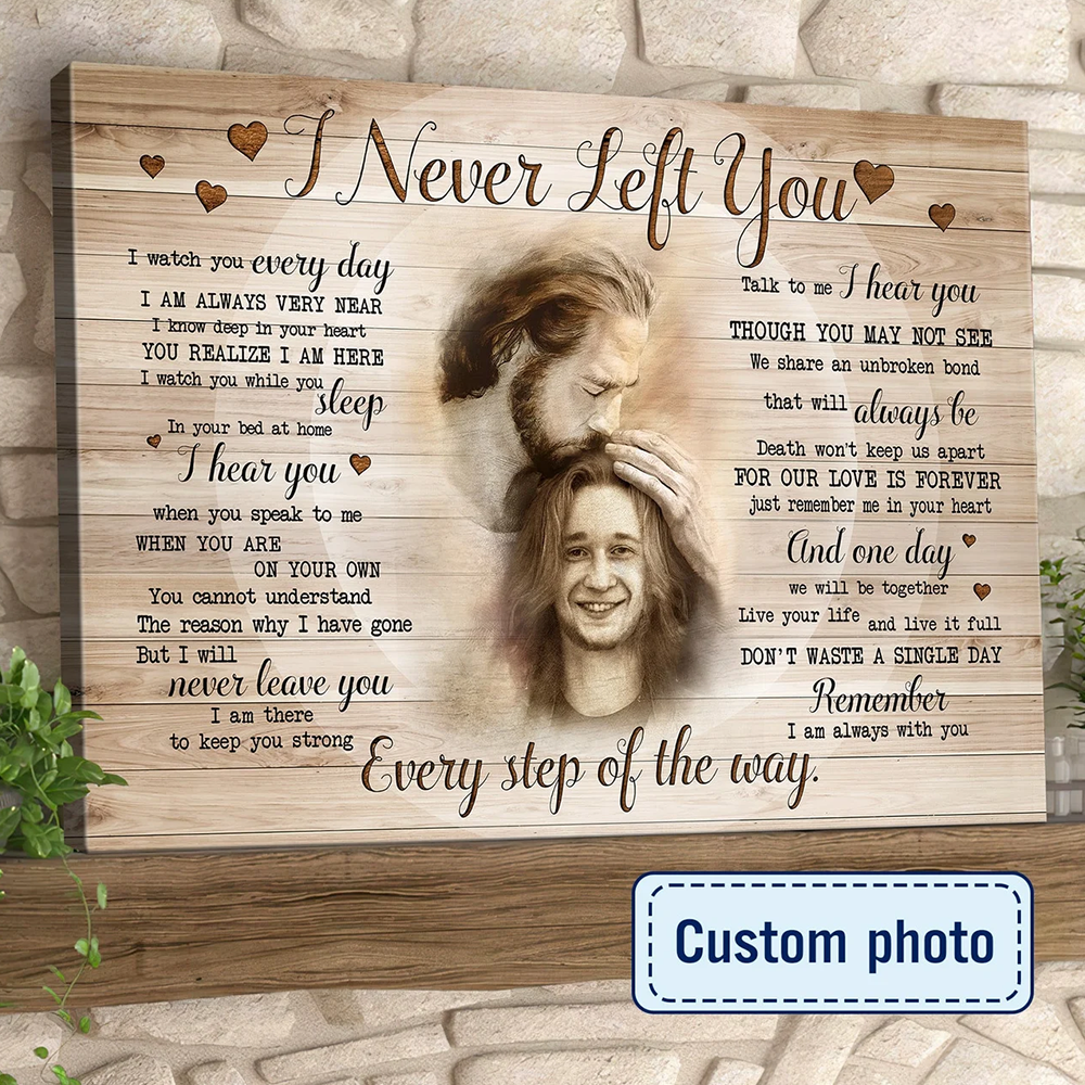 Customized Memorial Canvas: "Never Left You" Portrait with Jesus - Personalized Rest In Peace Art