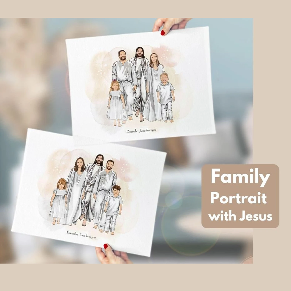 Custom Family Portrait with Jesus Christ in Heaven – Personalized Religious Gift