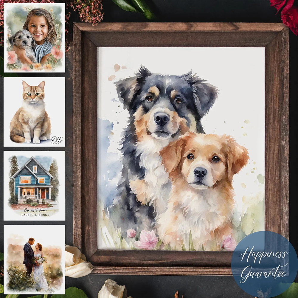 Custom Watercolor Dog Portrait from Photo | Personalized Pet Memorial Gift for Pet Loss