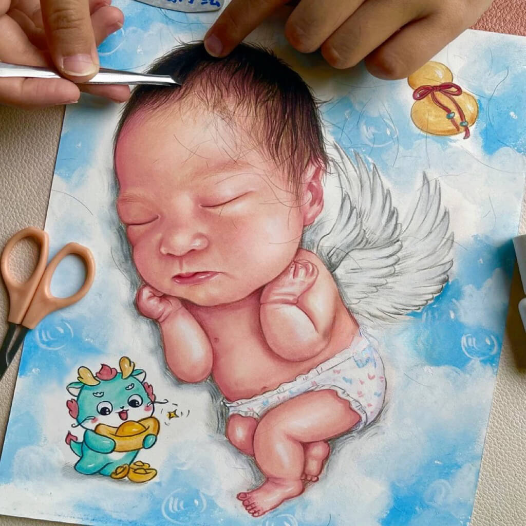 Hand Drawn Baby Hair Keepsake Portrait - Custom DIY Frame for Newborn Hair Collection