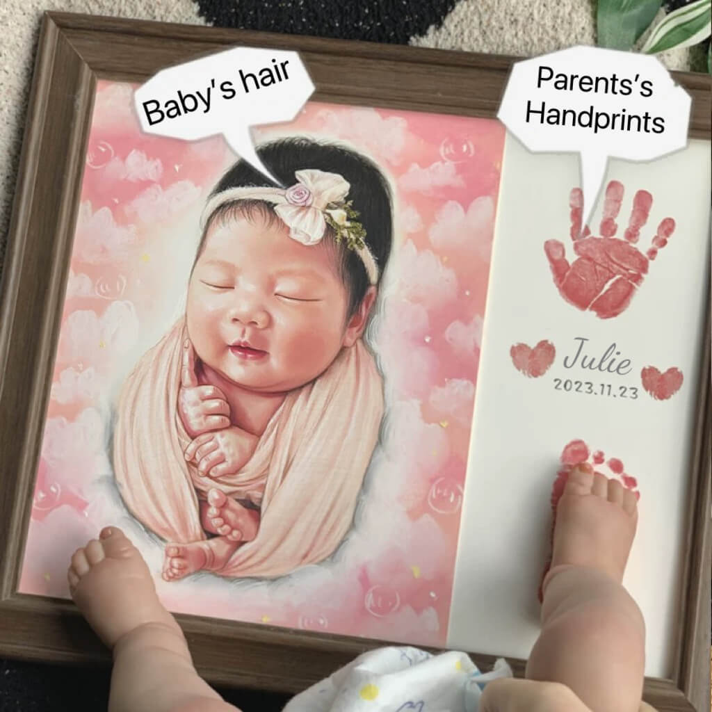 Hand Drawn Baby Hair Keepsake Portrait - Custom DIY Frame for Newborn Hair Collection