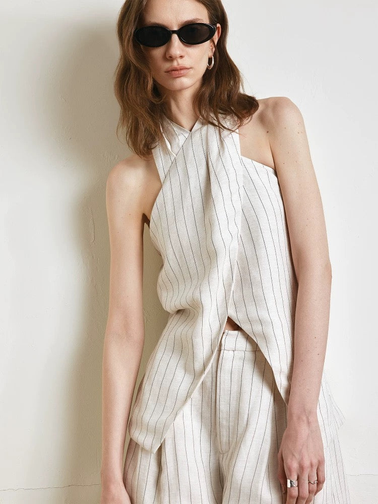 Striped Linen Halter Top & Wide-Leg Pants Set