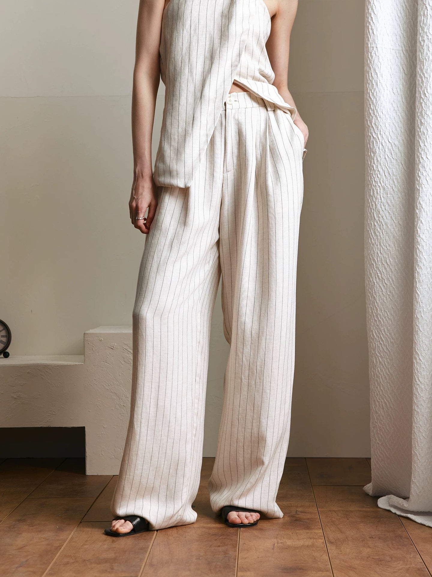 Striped Linen Halter Top & Wide-Leg Pants Set